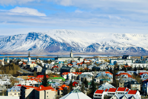 Reykjavik, Iceland as seen from the highest view point in the city center, with Mt. Esja in background.