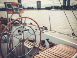 Steering wheel on a yacht